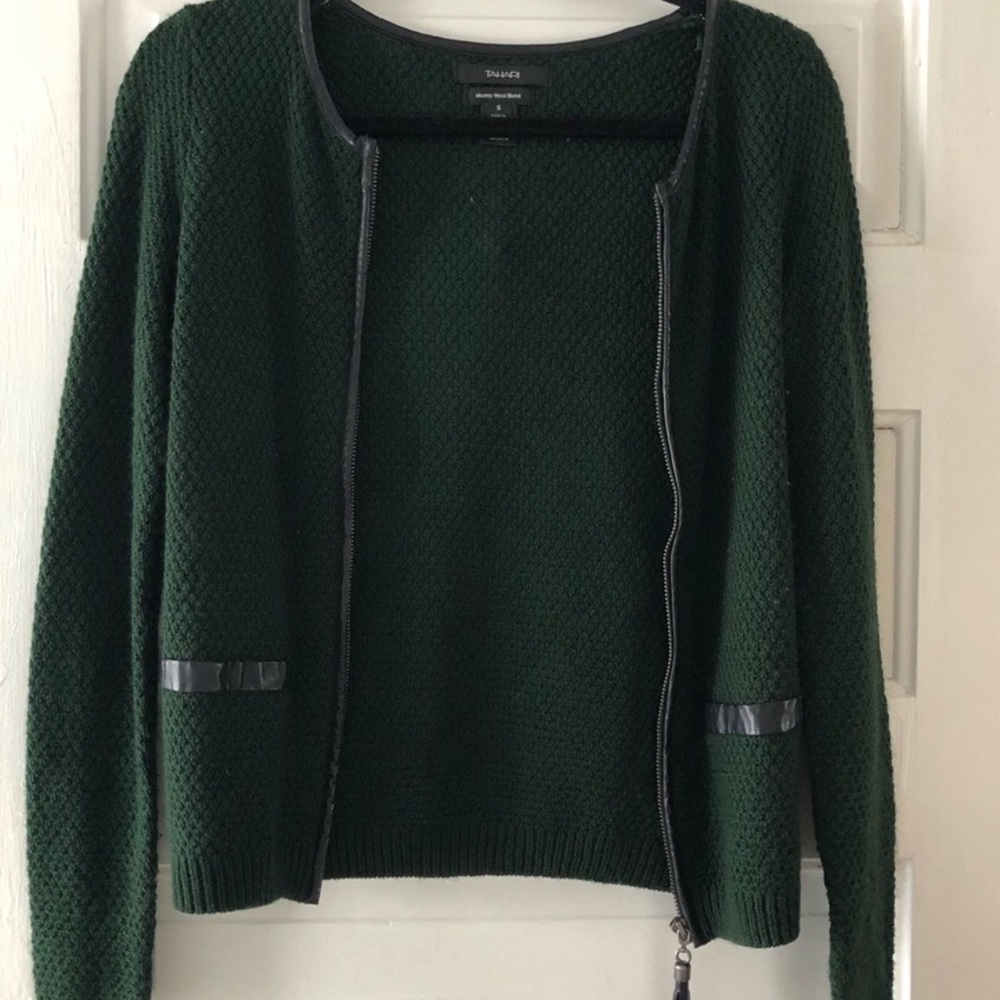 Tahari Zip Cardigan Faux Leather trim Size:XL